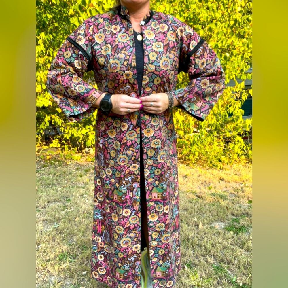 Vintage Floral Cottage Tapestry Open Front Mandarin Collar Trench Long Coat